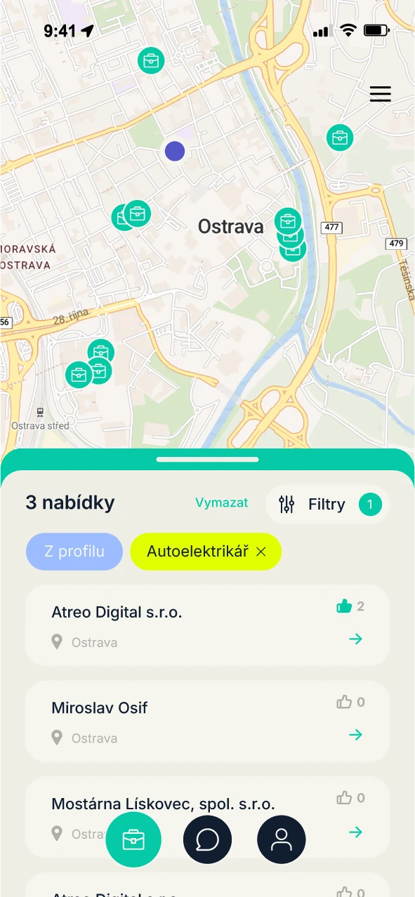 Mapa kandidátů v okolí firmy